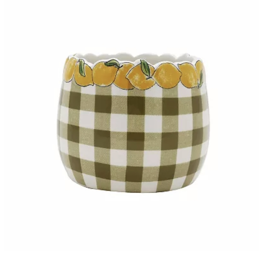 Lemon Gingham Ceramic Indoor/Outdoor Planter & Decor 6" Khaki NWT RETIRED 1 Left